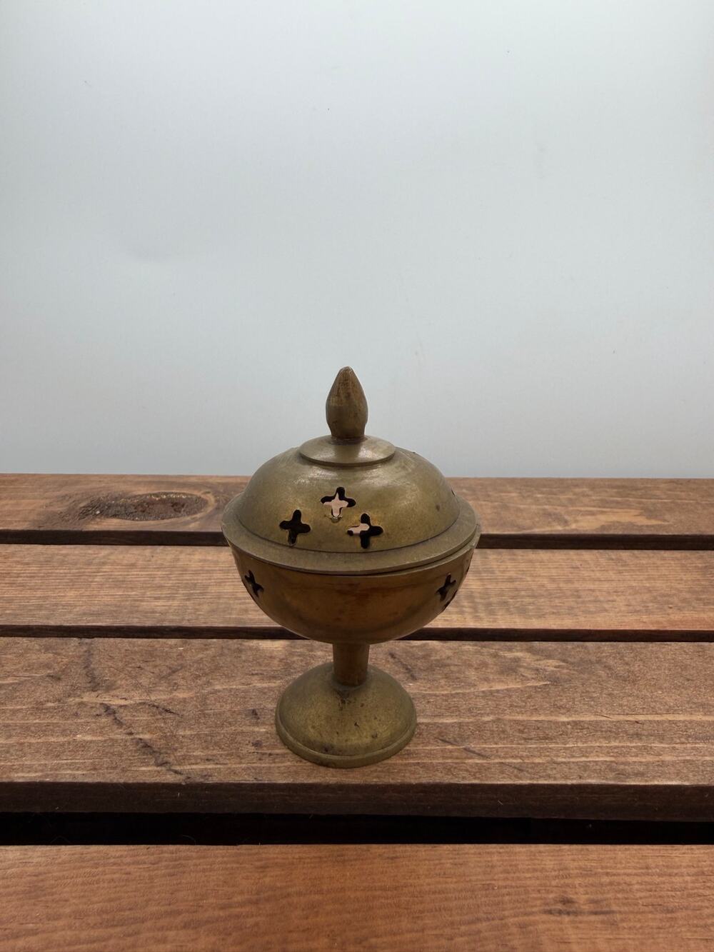 Vintage Solid Brass Pedestal Incense Burner Bowl w/Lid-Cross Cutouts Censer-3.5”